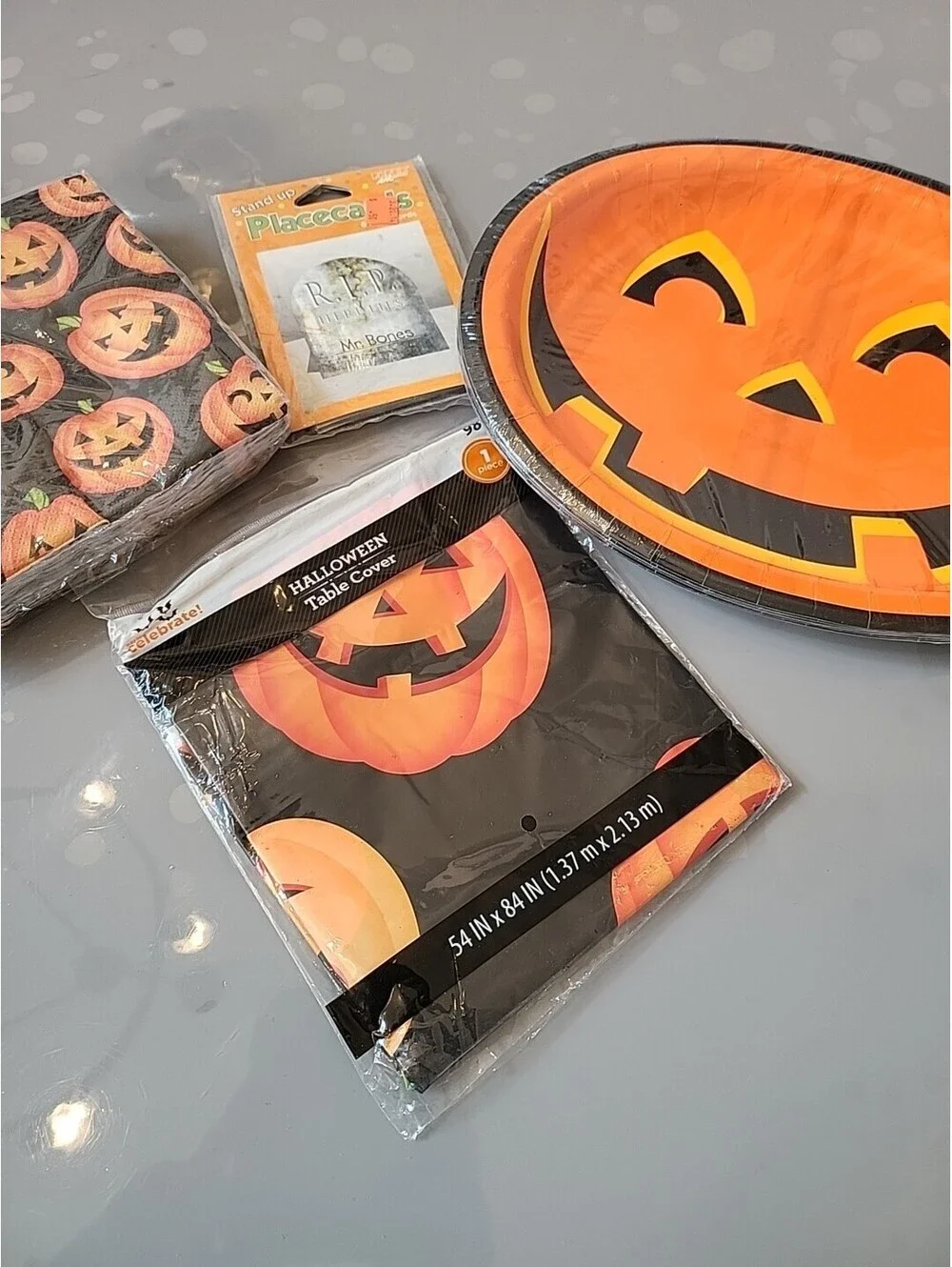 Vintage Party Set Lot Halloween Paper Plates, Tomb Names Napkins, Tablecloth NOS